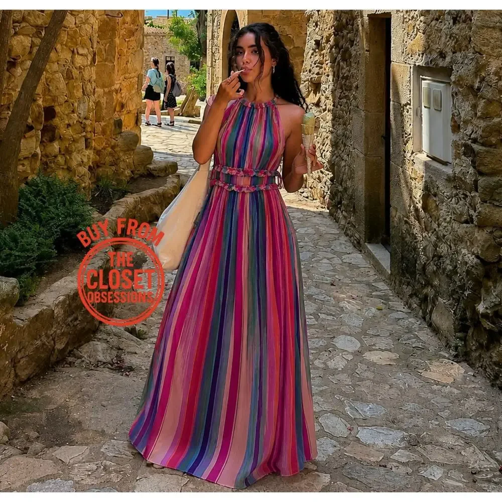 MANGO Stripe Halter Maxi Dress Resort Vacation Cruise Dress NWT Size 4 6